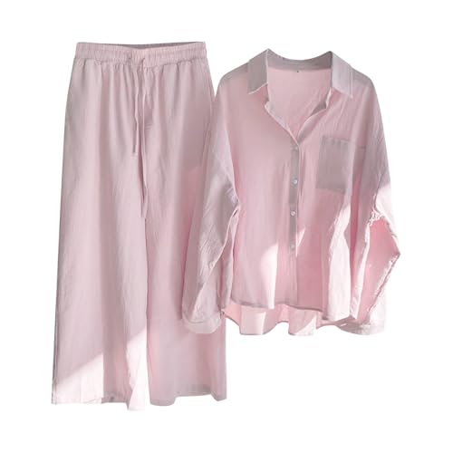 Musselin Schlafanzug Damen Leinen Set Sommer Bluse Hemd Lang Hose Zweiteiler Baumwolle Strand Outfit (M) von Generic