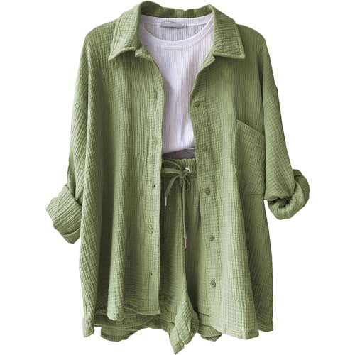 Musselin Set Damen Bluse Shorts Zweiteiler 2 Teiler Damen Sommer Musselin Hose Bekleidung Jogginganzug Set Zweiteiler Sommer Zweiteiler Damen Shorts Bluse Musselin Hose (A Light Green,XXL) von Generic