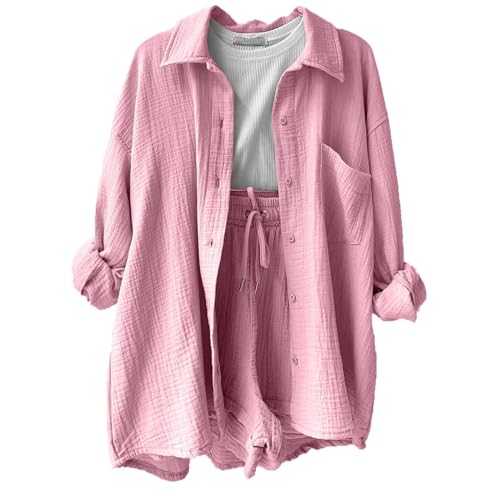 Musselin Set Damen Bluse Und Hose Zweiteiler Sommer Outfits Elegant Strand Must Haves Bekleidung (C Pink, L) von Generic
