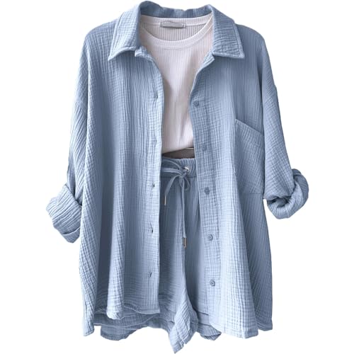 Anrabess Musselin Set Damen Bluse Zweiteiler Mit Plissee Hose - Sommer Hemd Vintage Clothes Festival (C Light Blue, L) von Generic