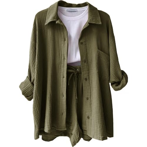 Musselin Set Damen Bluse Zweiteiler Sommer Outfits Damen Anzug Leinen Set Zweiteiler Musselin Damen Zweiteiler Sommer Kurze Hosen 2 Teiler Tops (A Army Green,S) von Generic