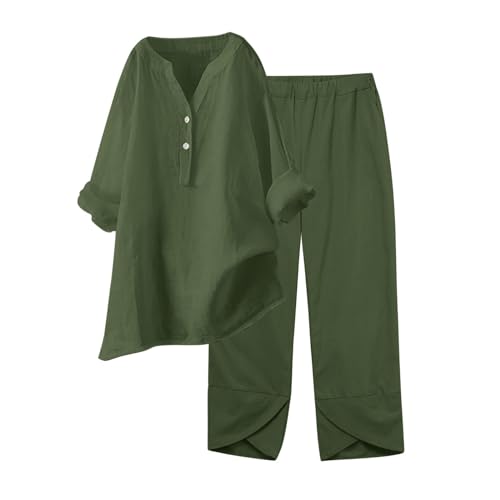 Musselin Set Damen Hosenanzug Sommer Baumwolle Zweiteiler Leinen Kurzarm Top und Lang Weit Bein Hose Set Musselin Leinenanzug Große Größen Leinen Set Einfarbig Freizeitanzug 2 Teiler Set von Generic