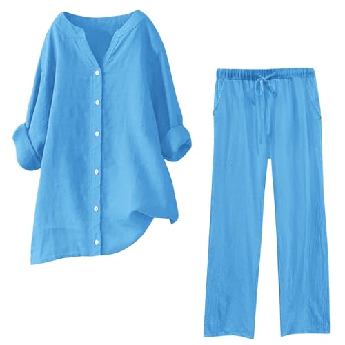 Musselin Set Damen Hosenanzug Sommer Baumwolle Zweiteiler Leinen Kurzarm Top und Lang Weit Bein Hose Set Musselin Leinenanzug Große Größen Leinen Set Einfarbig Freizeitanzug 2 Teiler Set von Generic