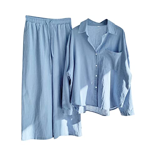 Musselin Set Damen Hosenanzug Sommer Baumwolle Zweiteiler Leinen Kurzarm Top und Lang Weit Bein Hose Set Musselin Leinenanzug Große Größen Leinen Set Einfarbig Freizeitanzug 2 Teiler Set von Generic