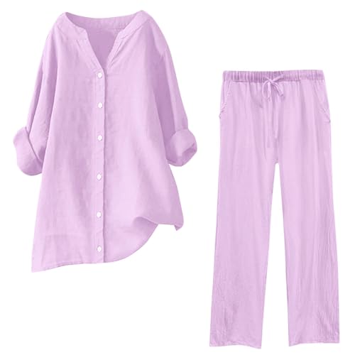 Musselin Set Damen Hosenanzug Sommer Baumwolle Zweiteiler Leinen Kurzarm Top und Lang Weit Bein Hose Set Musselin Leinenanzug Große Größen Leinen Set Einfarbig Freizeitanzug 2 Teiler Set von Generic