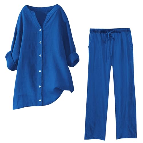 Musselin Set Damen Hosenanzug Sommer Baumwolle Zweiteiler Leinen Kurzarm Top und Lang Weit Bein Hose Set Musselin Leinenanzug Große Größen Leinen Set Einfarbig Freizeitanzug 2 Teiler Set von Generic
