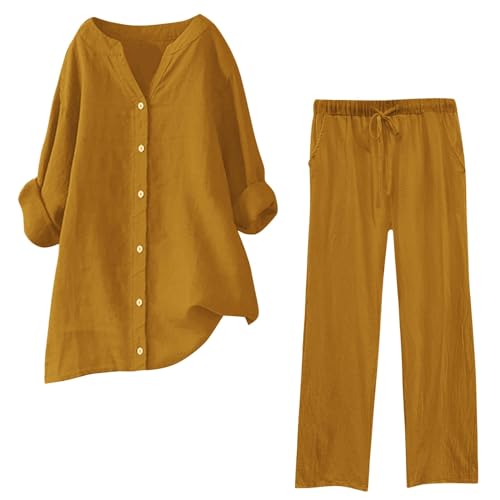 Musselin Set Damen Hosenanzug Sommer Baumwolle Zweiteiler Leinen Kurzarm Top und Lang Weit Bein Hose Set Musselin Leinenanzug Große Größen Leinen Set Einfarbig Freizeitanzug 2 Teiler Set von Generic