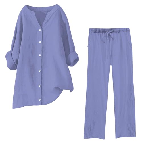Musselin Set Damen Hosenanzug Sommer Baumwolle Zweiteiler Leinen Kurzarm Top und Lang Weit Bein Hose Set Musselin Leinenanzug Große Größen Leinen Set Einfarbig Freizeitanzug 2 Teiler Set von Generic
