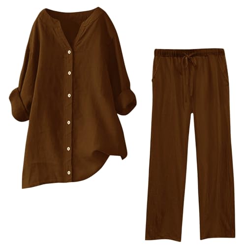 Musselin Set Damen Hosenanzug Sommer Baumwolle Zweiteiler Leinen Kurzarm Top und Lang Weit Bein Hose Set Musselin Leinenanzug Große Größen Leinen Set Einfarbig Freizeitanzug 2 Teiler Set von Generic