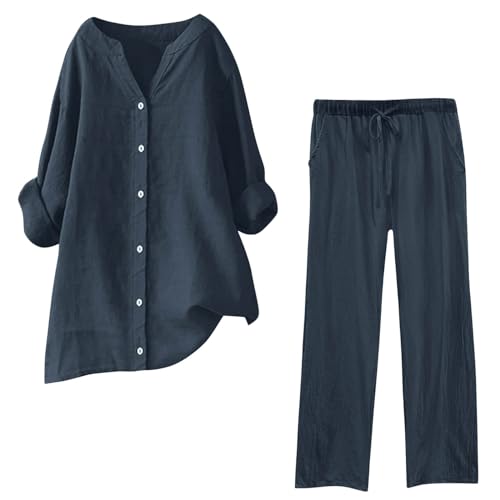 Musselin Set Damen Hosenanzug Sommer Baumwolle Zweiteiler Leinen Kurzarm Top und Lang Weit Bein Hose Set Musselin Leinenanzug Große Größen Leinen Set Einfarbig Freizeitanzug 2 Teiler Set von Generic