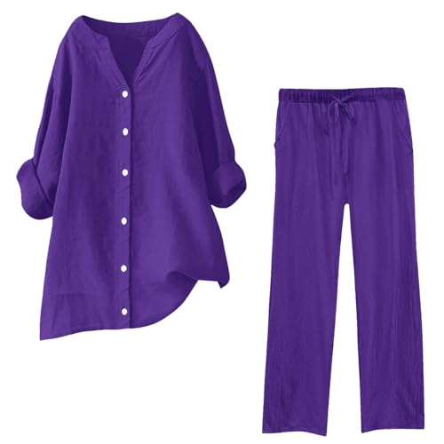 Musselin Set Damen Hosenanzug Sommer Baumwolle Zweiteiler Leinen Kurzarm Top und Lang Weit Bein Hose Set Musselin Leinenanzug Große Größen Leinen Set Einfarbig Freizeitanzug 2 Teiler Set von Generic