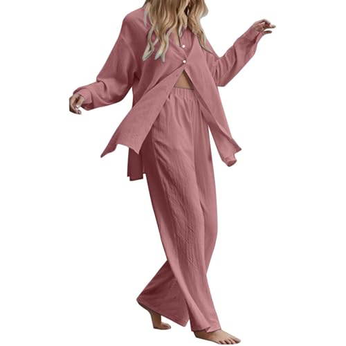 Musselin Set Damen Hosenanzug Sommer Baumwolle Zweiteiler Leinen Kurzarm Top und Lang Weit Bein Hose Set Musselin Leinenanzug Große Größen Leinen Einfarbig Freizeitanzug 2 Teiler von Generic