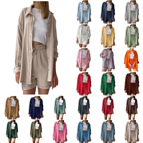 Musselin Set Damen Sommer Zweiteiler Elegant Y2K Musselin Bluse Und Shorts Aesthetic Lounge Set Baumwolle Sportanzug Oversize Freizeitanzug Langarm Hausanzug Outfit Zweiteiler Musselin Bluse von Generic