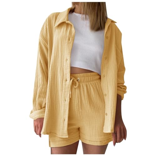 Musselin Set Damen Sommer Zweiteiler Elegant Y2K Musselin Bluse Und Shorts Aesthetic Lounge Set Baumwolle Sportanzug Oversize Freizeitanzug Langarm Hausanzug Outfit Zweiteiler Musselin Bluse von Generic