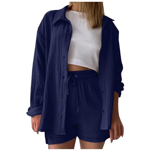 Musselin Set Damen Sommer Zweiteiler Elegant Y2K Musselin Bluse Und Shorts Aesthetic Lounge Set Baumwolle Sportanzug Oversize Freizeitanzug Langarm Hausanzug Outfit Zweiteiler Musselin Bluse von Generic