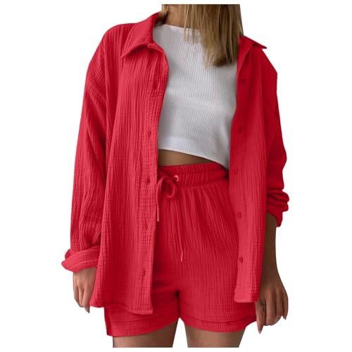 Musselin Set Damen Sommer Zweiteiler Elegant Y2K Musselin Bluse Und Shorts Aesthetic Lounge Set Baumwolle Sportanzug Oversize Freizeitanzug Langarm Hausanzug Outfit Zweiteiler Musselin Bluse von Generic