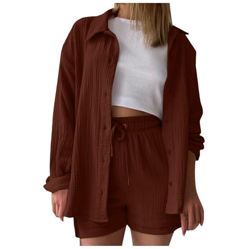 Musselin Set Damen Sommer Zweiteiler Elegant Y2K Musselin Bluse Und Shorts Aesthetic Lounge Set Baumwolle Sportanzug Oversize Freizeitanzug Langarm Hausanzug Outfit Zweiteiler Musselin Bluse von Generic