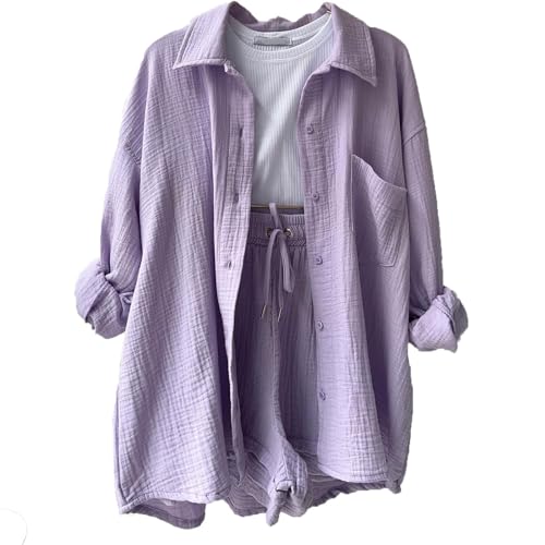 Musselin Set Zweiteiler Damen Sommer - Elegantes Outfit Komplett Sport Set Mit Bluse Und Shorts - Leinen Gym Kleidung (B Light Purple, S) von Generic