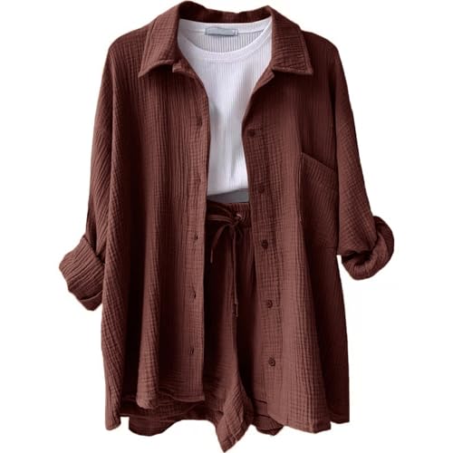 Musselin Set Damen Zweiteiler Sommer Outfits Hose Musselin Hausanzug Damen Sommer Musselinbluse Blusen Zweiteiler Set Festival Outfit Damen Hose Cute Clothes Musselin Bluse Weiß (A Coffee,XL) von Generic