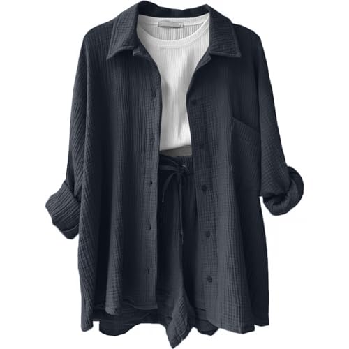 Musselin Set Damen Zweiteiler Sommer Outfits Shorts 2 Teiler Damen Sommer Set Outfit Musselin Zweiteiler Workout Bluse Musselin Bluse Damen Set Hose Und Oberteil Leinen (A Dark Gray,L) von Generic