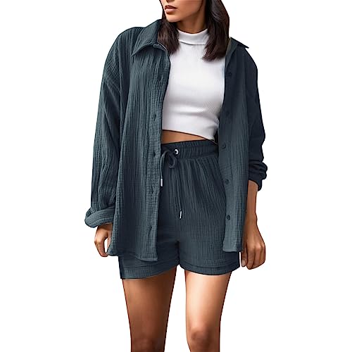 Generic Musselin Zweiteiler Damen Sommer Outfit Musselinbluse und Musselin Shorts 2 Teiler Elegante Kleidung Strand Urlaub Damen Lounge Set Bluse und Shorts Baumwolle Two Piece Set Women von Generic