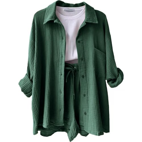 Musselin Zweiteiler Damen Sommer Set - Shorts und Bluse Outfit, Workout Hose, Oberteil Leinen (A Dark Green, XL) von Generic