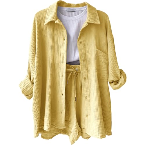 Musselin Zweiteiler Damen Travel Set - Elegantes Outfit mit Y2K Aesthetic für Damen - Sommer Sportset mit Shorts (3-Yellow,M) von Generic
