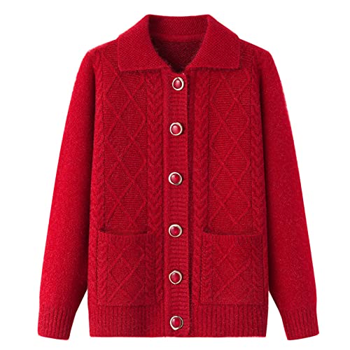 Mutter Herbst Wintermäntel Oma Kleidung Dicke Strickpullover Damen Strickjacke Tops, Rot, XXXL von Generic