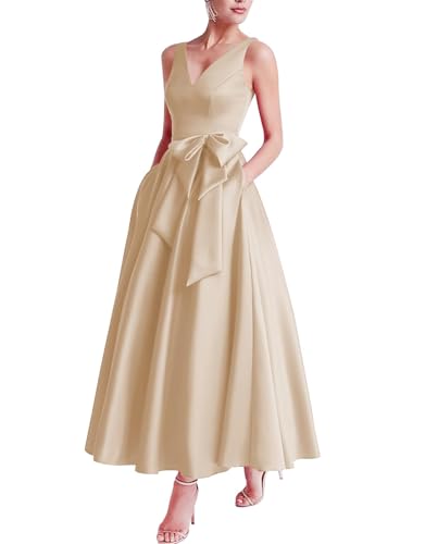 Mutter der Braut Teelanges Kleid V-Ausschnitt Ballkleider Satinschleife Formelle Abendkleider für Frauen mit Taschen Champagne M von Generic