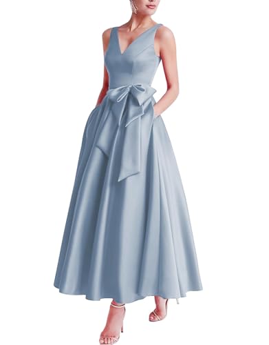 Mutter der Braut Teelanges Kleid V-Ausschnitt Ballkleider Satinschleife Formelle Abendkleider für Frauen mit Taschen Dusty Blue L von Generic