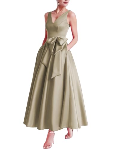 Mutter der Braut Teelanges Kleid V-Ausschnitt Ballkleider Satinschleife Formelle Abendkleider für Frauen mit Taschen Light Coffee XXL von Generic