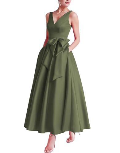 Mutter der Braut Teelanges Kleid V-Ausschnitt Ballkleider Satinschleife Formelle Abendkleider für Frauen mit Taschen Olive Green M Mutter der Braut Teelanges Kleid V-Ausschnitt Ballkleider Satinschleife Formelle Abendkleider für Frauen mit Taschen Olive Green M von Generic