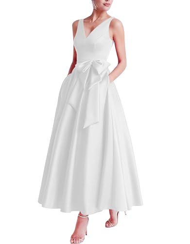 Mutter der Braut Teelanges Kleid V-Ausschnitt Ballkleider Satinschleife Formelle Abendkleider für Frauen mit Taschen White XXL von Generic