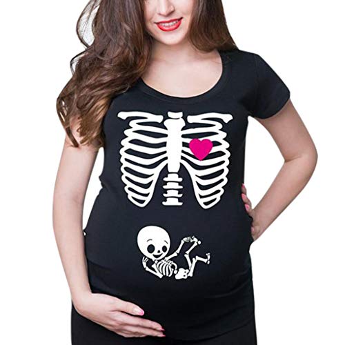 Mutterschaftskleidung Mothercare, Mutterschaft Kurzarm Schwangerschaft T-Stück Schädel Druck Top for Schwanger Damen mit Baby-Schwangerschaft Halloween Druck T-Shirt (Black, XL) von Generic