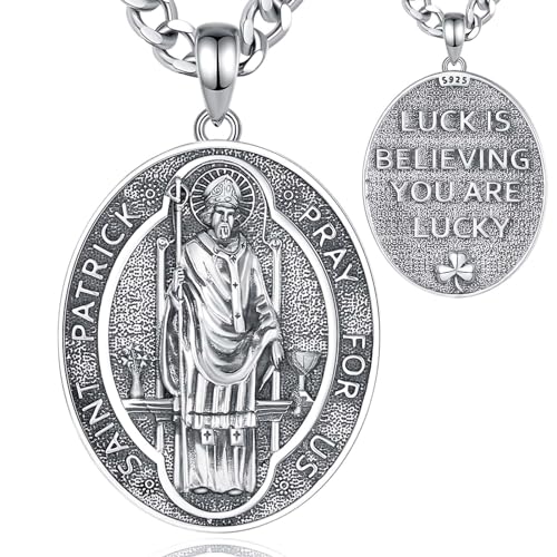 INFUSEU Heilige Patrick Kette, 925 Sterling Silber Heidnische Medaille Schutzpatron Anhänger Christlicher Glaube Religiöser Engelsschutz Göttlicher Schmuck Amulett Geschenke für Männer Frauen von INFUSEU