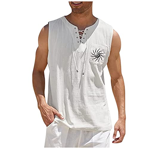 NLJSWJ Laufshirt Herren Frühling und Sommer Freizeit Einfarbige Baumwolle Leinen Kordelzug Rundhalsausschnitt und Ärmelloses Weste Mode Bequemlichkeit Atmungsaktiv Urlaub Strand Tanktops von Generic