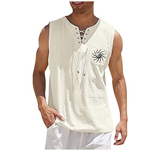 NLJSWJ Laufshirt Herren Frühling und Sommer Freizeit Einfarbige Baumwolle Leinen Kordelzug Rundhalsausschnitt und Ärmelloses Weste Mode Bequemlichkeit Atmungsaktiv Urlaub Strand Tanktops von Generic