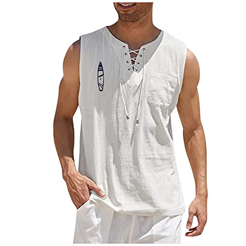 NLJSWJ Weste Herren Mode Einfarbige Baumwolle Leinen Kordelzug Rundhalsausschnitt und Ärmelloses Muskelshirts Lässig Einfaches Atmungsaktiv Schnelltrocknend Urlaub Strand Tanktops für Männer von Generic