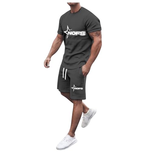 NOFS Herren Trainingsanzug Set Sommer Sportanzug 2 Teiliges Outfit Sport Set Kurzarm T-Shirt + Kurze Hose Sets Freizeitanzug Jogginganzug Zweiteiliges Set Grau L von Generic