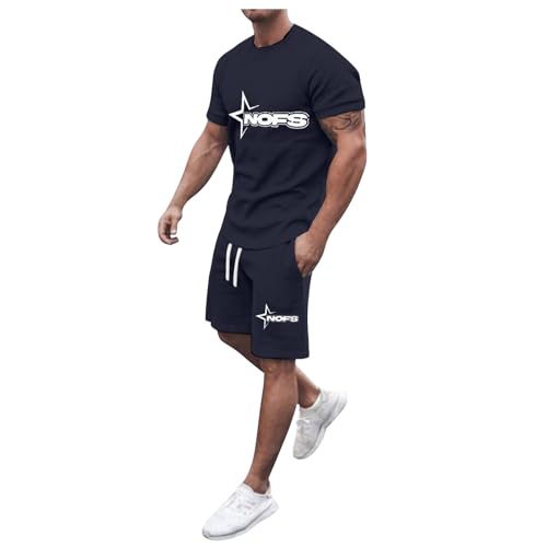 NOFS Herren Trainingsanzug Set Sommer Sportanzug 2 Teiliges Outfit Sport Set Kurzarm T-Shirt + Kurze Hose Sets Freizeitanzug Jogginganzug Zweiteiliges Set Marine XL von Generic