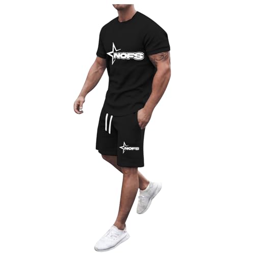 NOFS Herren Trainingsanzug Set Sommer Sportanzug 2 Teiliges Outfit Sport Set Kurzarm T-Shirt + Kurze Hose Sets Freizeitanzug Jogginganzug Zweiteiliges Set Schwarz L von Generic