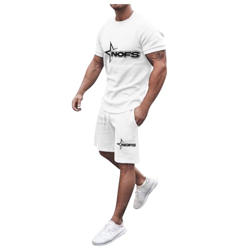 NOFS Herren Trainingsanzug Set Sommer Sportanzug 2 Teiliges Outfit Sport Set Kurzarm T-Shirt + Kurze Hose Sets Freizeitanzug Jogginganzug Zweiteiliges Set Weiß M von Generic