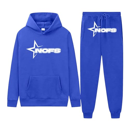 NOFS Jogginganzug Herren Damen - 2-Teilig Tracksuit Y2K mit Hoodie und Sporthose | Hip Hop Streetwear Style | NOFS Fashion Trainingsanzug Anzug Unisex 2024 Blau L von Generic