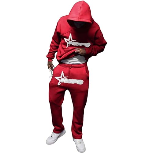 NOFS Jogginganzug Herren Damen - 2-Teilig Tracksuit Y2K mit Hoodie und Sporthose | Hip Hop Streetwear Style | NOFS Fashion Trainingsanzug Anzug Unisex 2024 Rot XXL von Generic