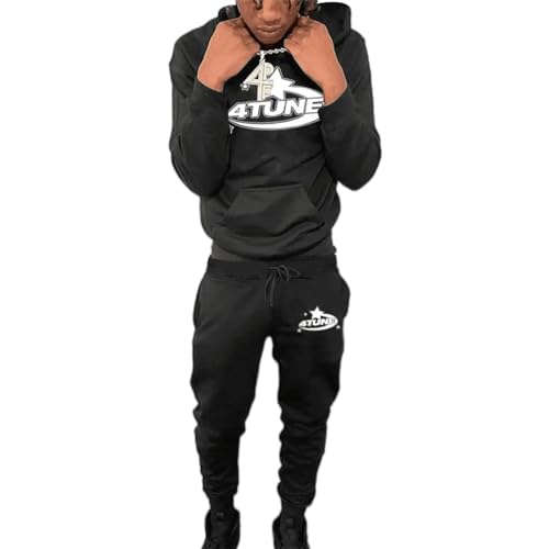 NOFS Streetwear Trainingsanzüge für Herren | Buchstaben Drucklose Hoodies und Jogginghosen Y2K Männer | Hip Hop Hose Streetwear Tracksuit Pullover Lässig Oberteile und Sporthosen Schwarz M von Generic