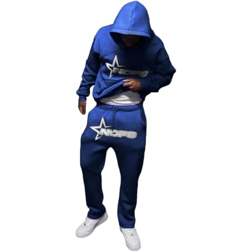 NOFS Trainingsanzug Herren Y2K Hoodie Jogginghose Set Jogginganzug Tracksuit Männer Sportanzüge Kapuzenpullover+Sporthose Laufanzug Pullover Sport Jogging Gym Warm Streetwear Blau L von Generic