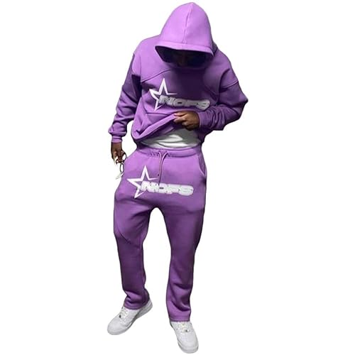 NOFS Trainingsanzug Herren Y2K Hoodie Jogginghose Set Jogginganzug Tracksuit Männer Sportanzüge Kapuzenpullover+Sporthose Laufanzug Pullover Sport Jogging Gym Warm Streetwear Lila L von Generic