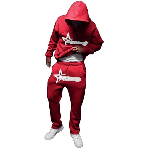 NOFS Trainingsanzug Herren Y2K Hoodie Jogginghose Set Jogginganzug Tracksuit Männer Sportanzüge Kapuzenpullover+Sporthose Laufanzug Pullover Sport Jogging Gym Warm Streetwear Rot XXL von Generic