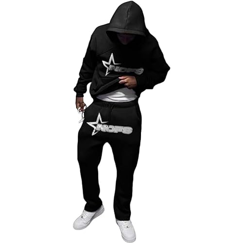 NOFS Trainingsanzug Herren Y2K Hoodie Jogginghose Set Jogginganzug Tracksuit Männer Sportanzüge Kapuzenpullover Sporthose Laufanzug Pullover Sport Jogging Gym Warm Streetwear Schwarz XL von Generic