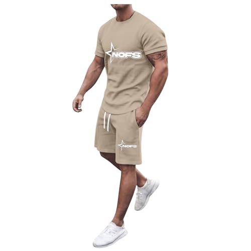 NOFS Trainingsanzug für Herren Sommer Sportanzug 2 Teiliges Outfit Sport Set Kurzarm T-Shirts + Kurze Hose Sets Freizeitanzug Männer Business Polo Hemd mit Revers Sporthose Khaki L von Generic